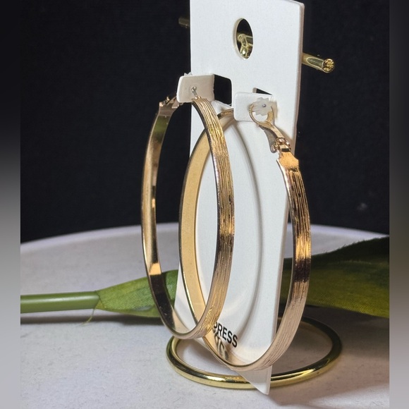 EXPRESS Gold Tone Textured Hoop Earnings - Picture 7 of 7